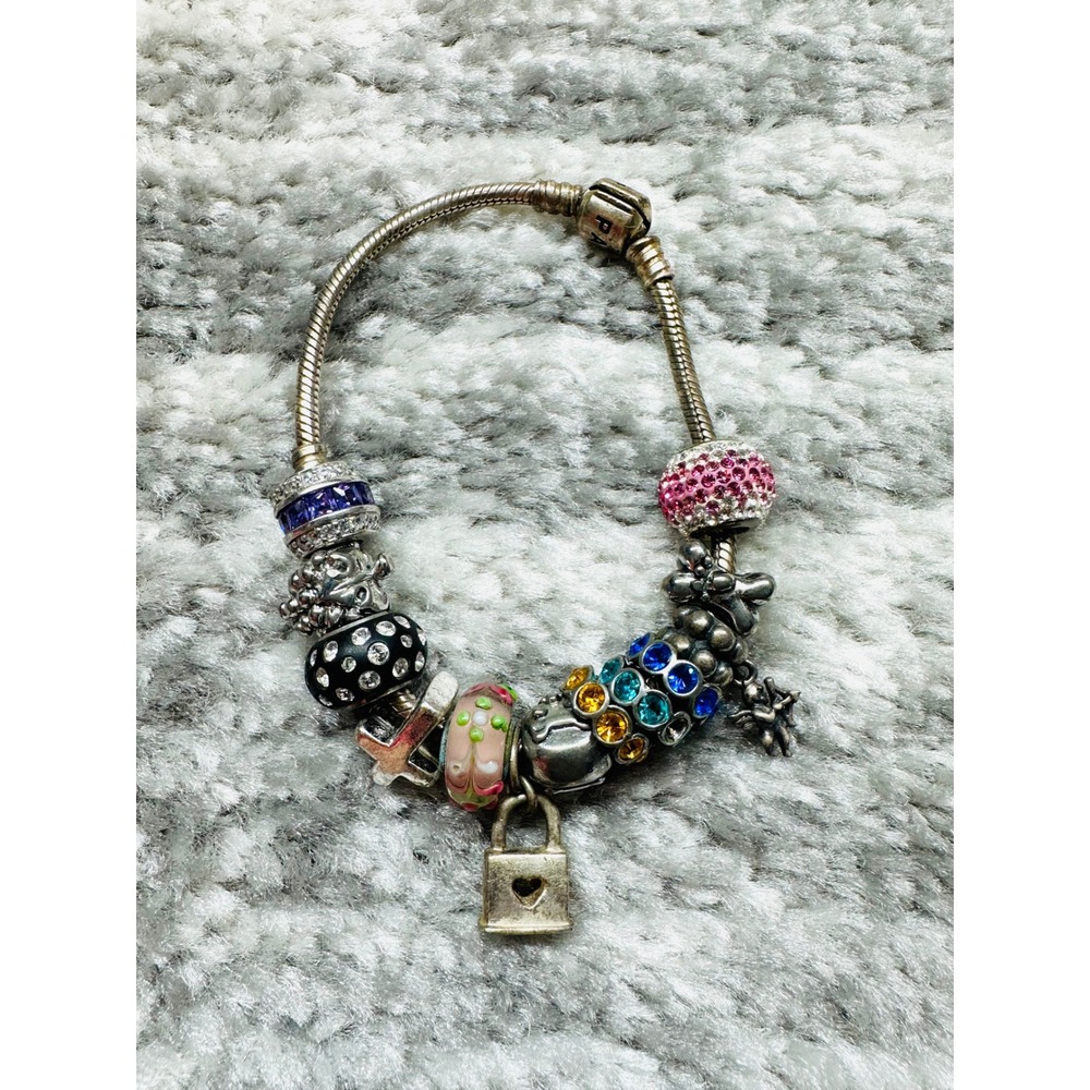 Pandora Charm Bracelet Women OS Silver Multi Heart Rainbow Crystal Charms 925